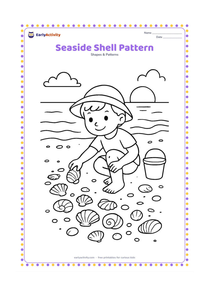 Colouring page: Draw a child collecting shells along a beach, with a curved trail of repeating shell shapes, circles, and waves leading toward the water. Add a small bucket, a distant boat, and a simple…