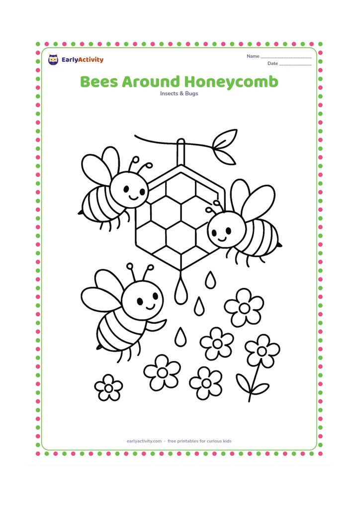 Colouring page: Three friendly bees surround a hanging honeycomb, with one bee touching the hexagonal cells and two flying nearby. Add a few honey drops and small flowers below.