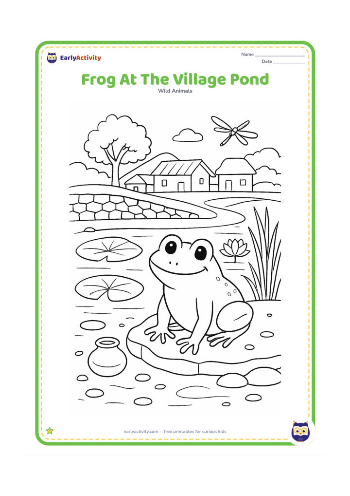 Colouring page: Draw a frog sitting near an Indian village pond with a stone embankment, lotus leaves, reeds, a small earthen water pot and a distant simple footpath. Add water reflections, a few…
