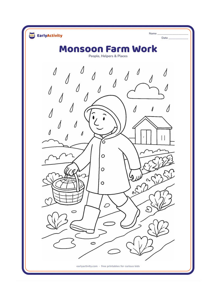 Colouring page: A farmer in a raincoat and boots walks between vegetable rows while carrying a covered basket. Show raindrops, puddles, leafy plants, and a simple shed in the background.