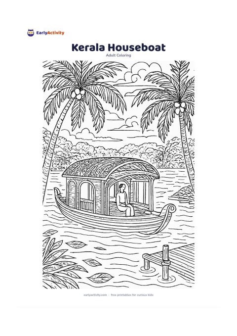 Colouring page: A traditional houseboat glides through calm backwaters with a seated passenger, coconut palms, floating leaves, a small dock and distant layered greenery. Give the boat roof, wooden…