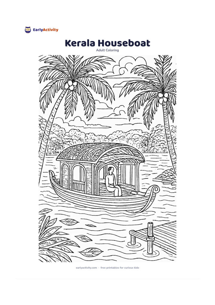Colouring page: A traditional houseboat glides through calm backwaters with a seated passenger, coconut palms, floating leaves, a small dock and distant layered greenery. Give the boat roof, wooden…