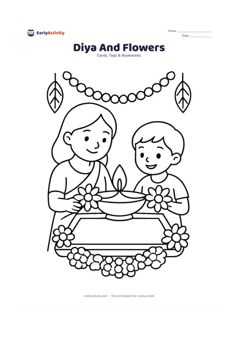 Worksheet: A mother and child arrange large flowers around a plain diya on a low festive tray, with simple marigold garlands and leaves in the background. Include a blank central panel on the tray…