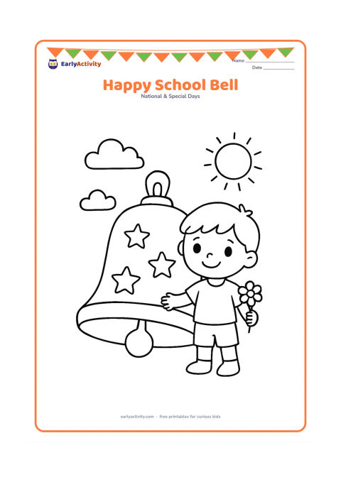 Colouring page: A cheerful child stands beside a large school bell decorated with simple stars, holding a small flower. Add a few clouds and a sunshine shape in the background.