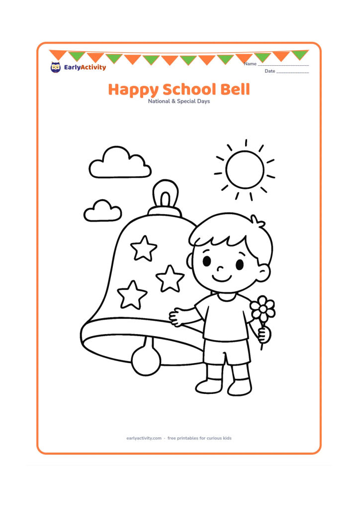 Colouring page: A cheerful child stands beside a large school bell decorated with simple stars, holding a small flower. Add a few clouds and a sunshine shape in the background.