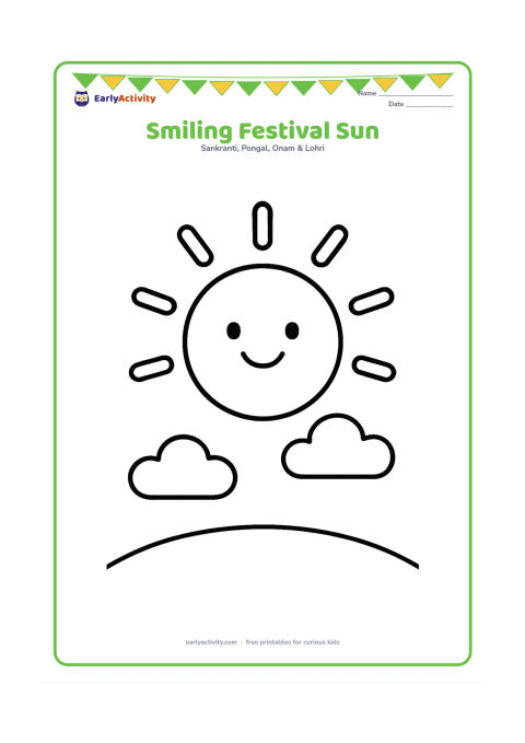 Colouring page: A cheerful round sun with broad rays above two small clouds and a low horizon. Add a few simple curved rays without any facial text or symbols.