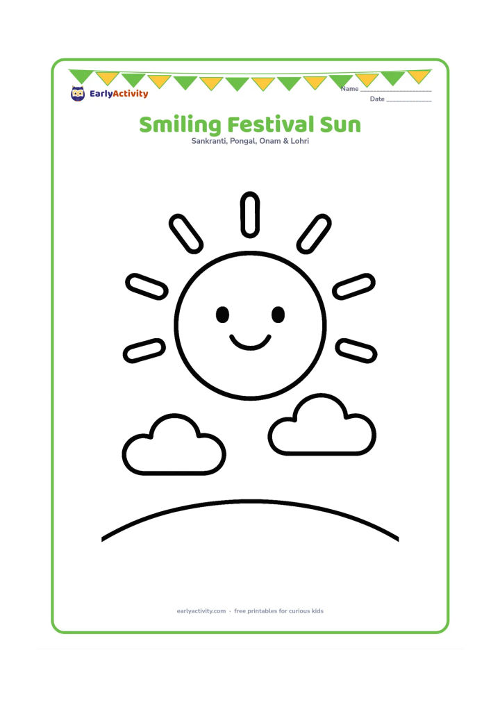 Colouring page: A cheerful round sun with broad rays above two small clouds and a low horizon. Add a few simple curved rays without any facial text or symbols.