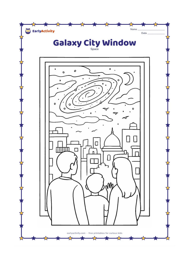 Colouring page: Viewed through a tall apartment window, a family watches an irregular galaxy above an Indian city skyline at dusk. Include balconies, rooftop water tanks, a temple-like dome without…