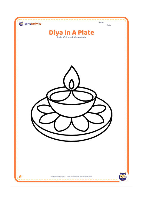 Colouring page: A single diya rests in the centre of a shallow round metal plate, with a few large flower petals around the edge.