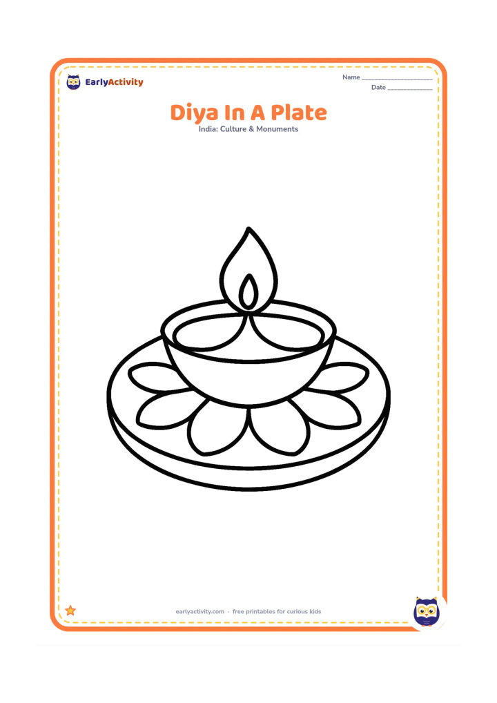 Colouring page: A single diya rests in the centre of a shallow round metal plate, with a few large flower petals around the edge.