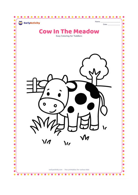Colouring page: Draw a friendly cow standing in a meadow and eating from a large patch of grass. Add a low fence with three broad rails and one tree in the distance.