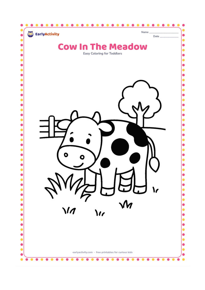 Colouring page: Draw a friendly cow standing in a meadow and eating from a large patch of grass. Add a low fence with three broad rails and one tree in the distance.
