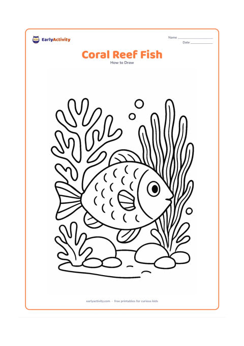 Worksheet: Show a detailed fish swimming beside branching coral, sea fans, small bubbles, and rounded reef stones. Give the fish an oval body, expressive fins, a patterned tail, scales, and several…