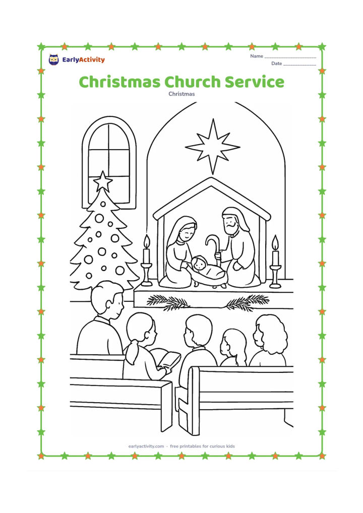 Colouring page: Draw an interior church scene with families seated on benches, a simple decorated tree, candles, evergreen branches, a star decoration and a plain nativity display at the front.
