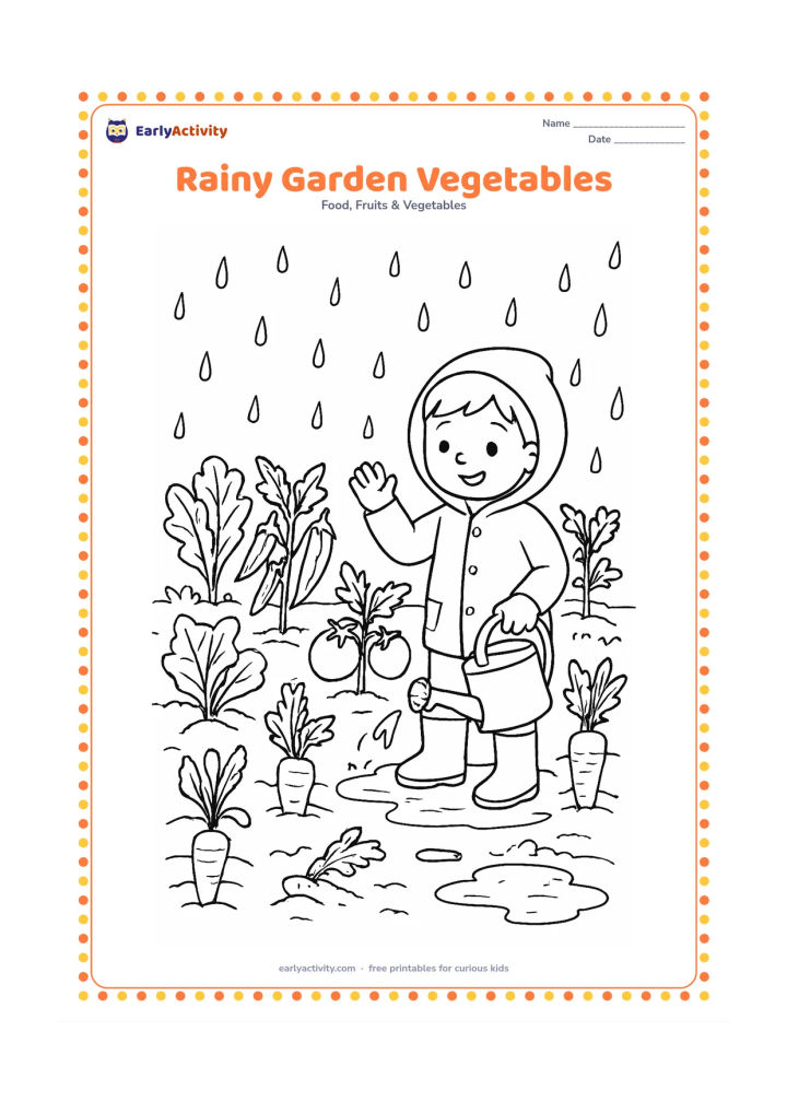 Colouring page: Show a vegetable garden after rain with leafy greens, okra, brinjal, tomatoes, and carrots, plus puddles, raindrops, a watering can, and a child wearing rain boots. Keep the weather…