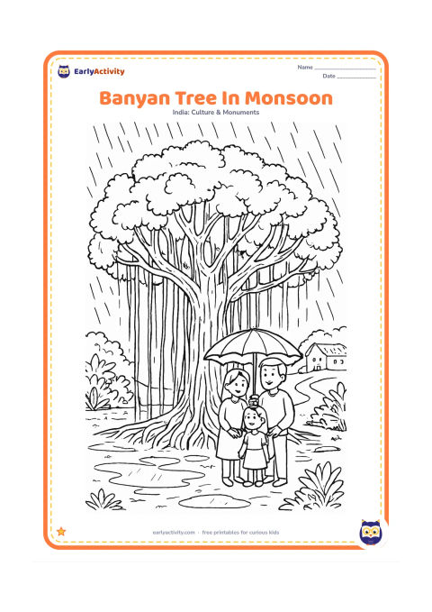 Colouring page: Draw a sprawling banyan tree during monsoon weather, with rain falling through its aerial roots, puddles around the trunk and a family sheltering beneath a simple umbrella. Add a distant…