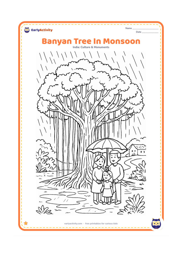 Colouring page: Draw a sprawling banyan tree during monsoon weather, with rain falling through its aerial roots, puddles around the trunk and a family sheltering beneath a simple umbrella. Add a distant…