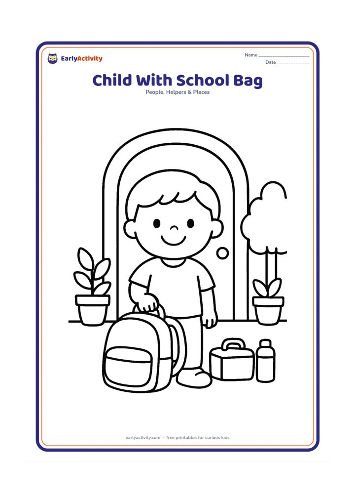 Colouring page: A happy child stands at the school entrance holding a large backpack, with a lunch box and water bottle nearby. Add a simple doorway, two potted plants and a small tree.