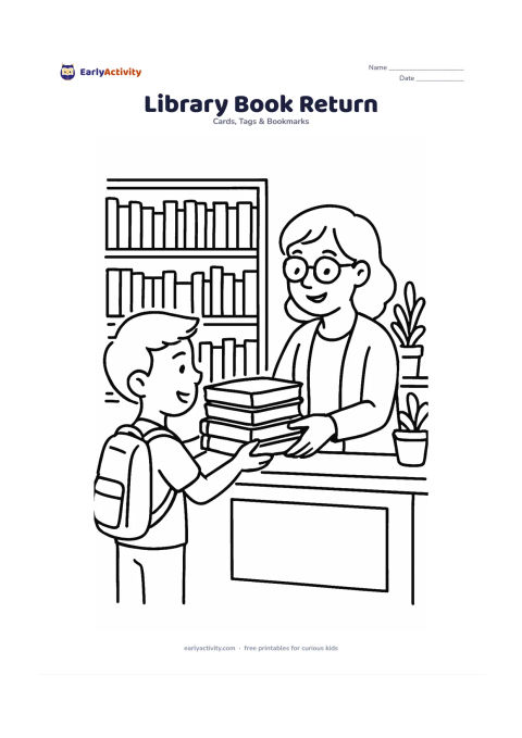 Worksheet: A child returns a stack of plain books to a kind librarian across a library desk, with tall shelves, a reading lamp and a few indoor plants behind them. Keep every book cover and shelf…