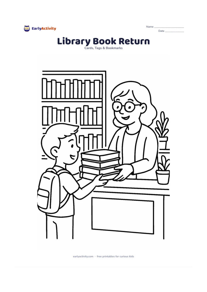Worksheet: A child returns a stack of plain books to a kind librarian across a library desk, with tall shelves, a reading lamp and a few indoor plants behind them. Keep every book cover and shelf…