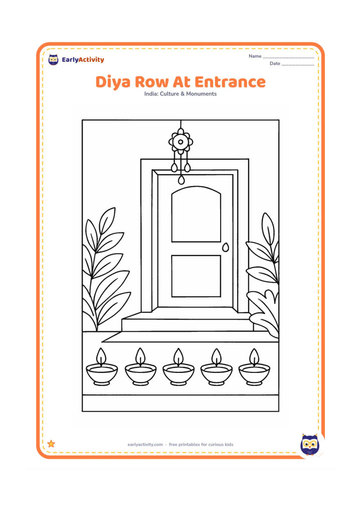 Colouring page: A row of five diyas follows the edge of an Indian home's entrance, with a simple threshold, steps, leafy plants and a hanging decoration.