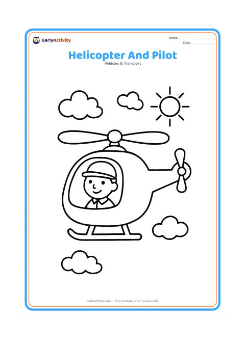 Colouring page: Draw a side-view helicopter with a smiling pilot visible through the large cockpit window. Add a few clouds and a simple sun, keeping the pilot's face and uniform very clear.