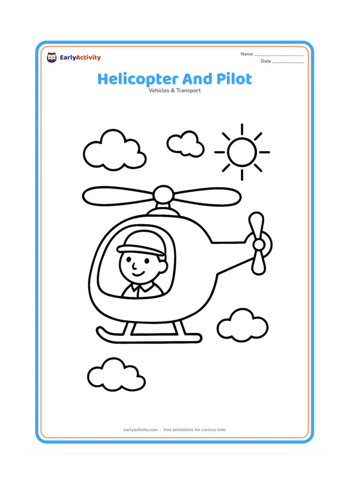 Colouring page: Draw a side-view helicopter with a smiling pilot visible through the large cockpit window. Add a few clouds and a simple sun, keeping the pilot's face and uniform very clear.