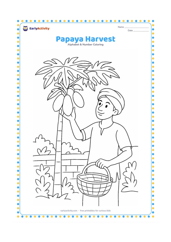 Colouring page: Draw a farmer in a simple Indian garden reaching toward ripe papayas on a papaya tree. Show broad leaves, a woven basket and a low mud wall in the background.