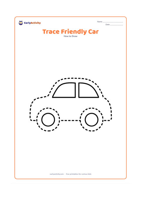 Worksheet: Place a large side-view car with a simple dashed outer outline, two circular wheels and clear window shapes. Keep the rest of the page open for children to trace and then add their own…