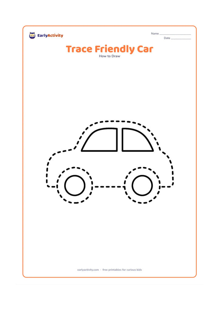 Worksheet: Place a large side-view car with a simple dashed outer outline, two circular wheels and clear window shapes. Keep the rest of the page open for children to trace and then add their own…