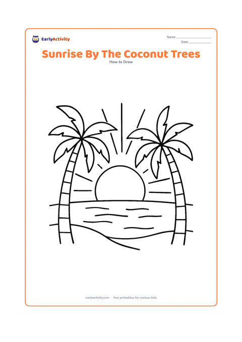 Worksheet: Draw a large sun rising behind a distant shoreline, with two curved coconut trees framing the scene and a few calm water lines in front. Use long rays spreading into the morning sky.
