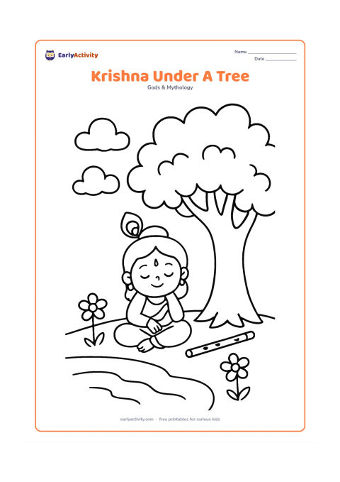 Colouring page: Draw Krishna sitting peacefully under a broad leafy tree with his flute resting beside him. Add a small pond edge, two flowers, and a few large clouds.