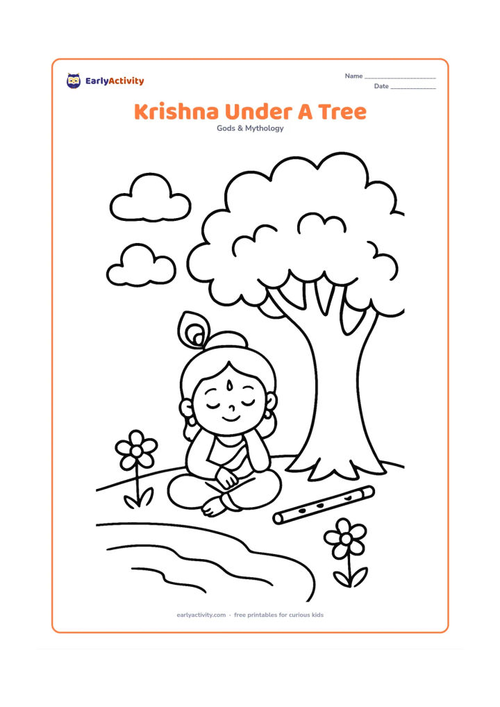 Colouring page: Draw Krishna sitting peacefully under a broad leafy tree with his flute resting beside him. Add a small pond edge, two flowers, and a few large clouds.