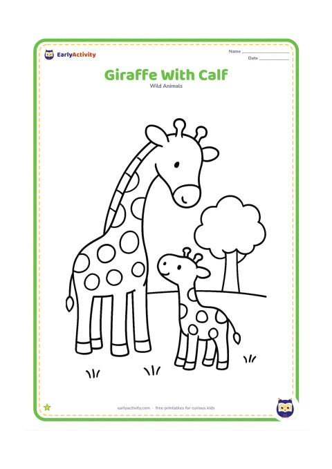 Colouring page: A tall giraffe bends its long neck toward a small calf standing beside it. Place both animals in a simple grassy clearing with one rounded tree.