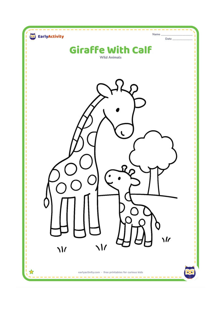 Colouring page: A tall giraffe bends its long neck toward a small calf standing beside it. Place both animals in a simple grassy clearing with one rounded tree.