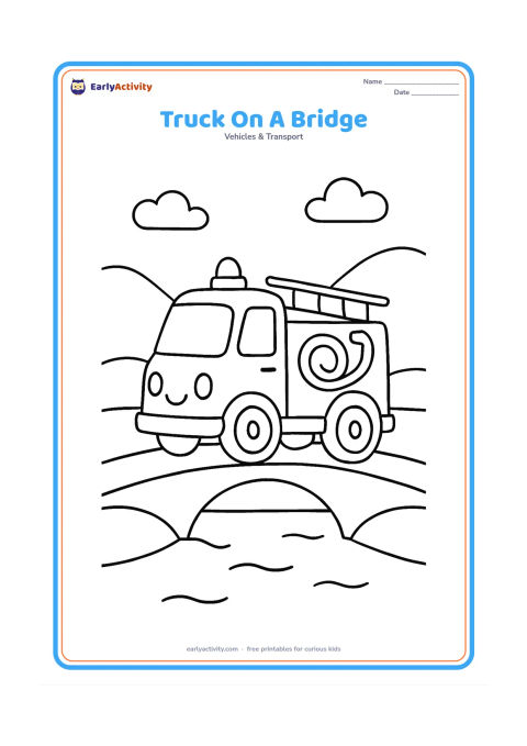 Colouring page: Draw a friendly fire engine crossing a simple bridge, with large wheels, a roof light and a hose. Add a calm river, rounded hills and a few clouds behind it.