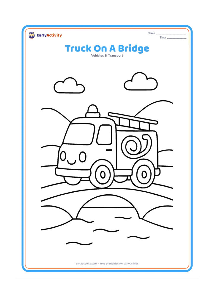 Colouring page: Draw a friendly fire engine crossing a simple bridge, with large wheels, a roof light and a hose. Add a calm river, rounded hills and a few clouds behind it.