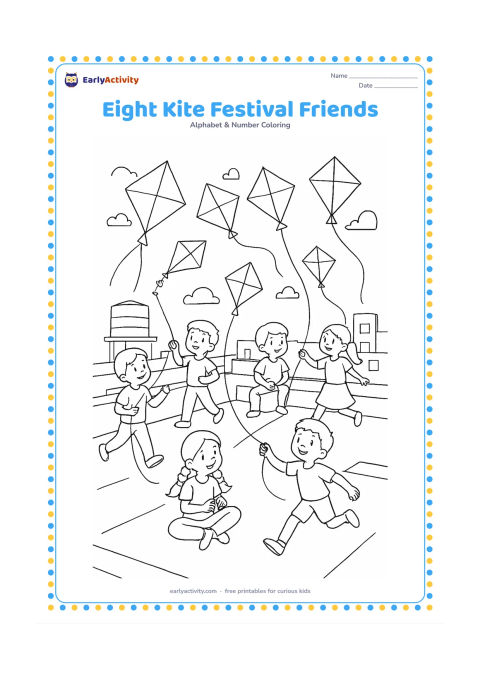 Colouring page: Draw exactly eight children flying kites on a broad rooftop during an Indian kite festival, with different poses such as running, sitting and winding string. Show exactly eight kites in…