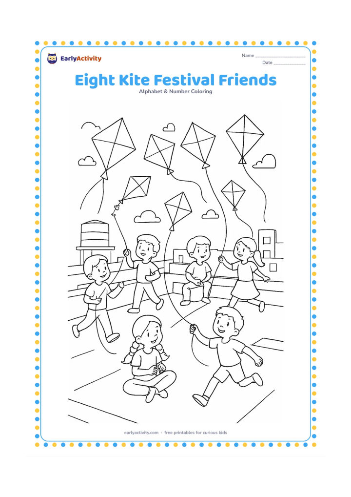 Colouring page: Draw exactly eight children flying kites on a broad rooftop during an Indian kite festival, with different poses such as running, sitting and winding string. Show exactly eight kites in…