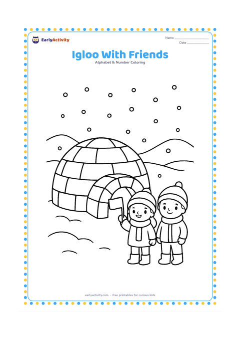 Colouring page: Draw an igloo in a snowy landscape with two bundled children standing outside, one holding a small flag with no markings. Add snow hills and a few falling flakes.