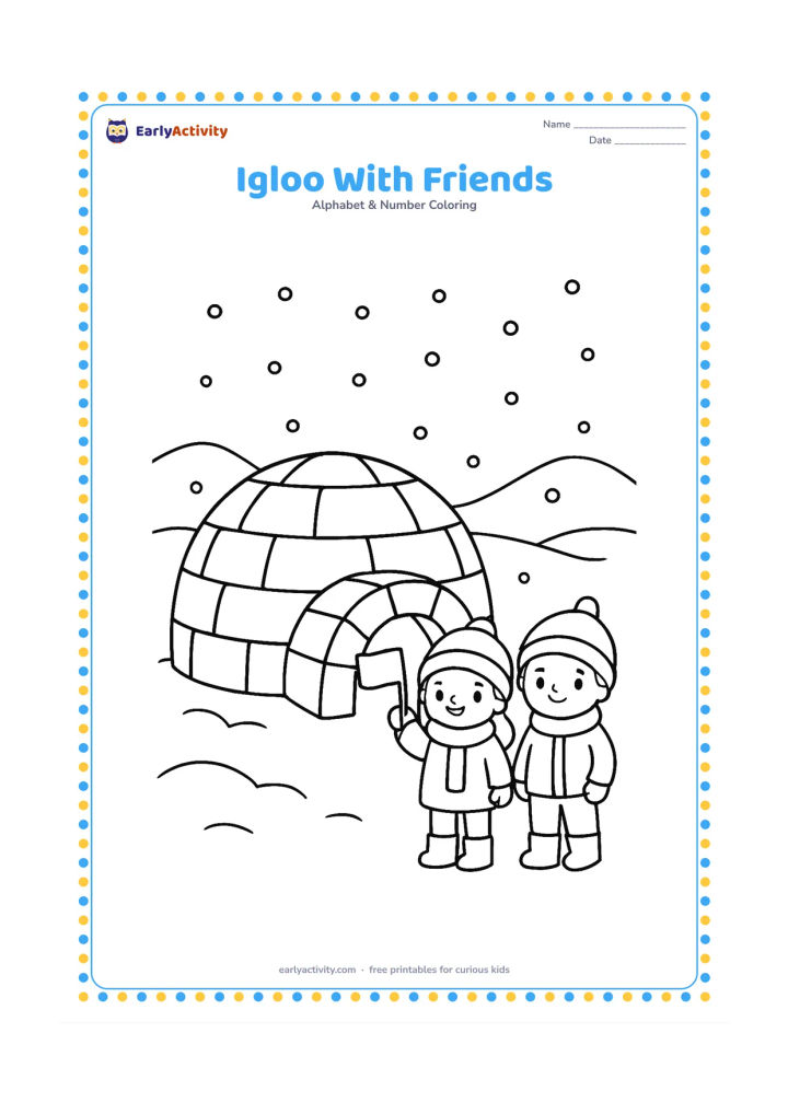 Colouring page: Draw an igloo in a snowy landscape with two bundled children standing outside, one holding a small flag with no markings. Add snow hills and a few falling flakes.