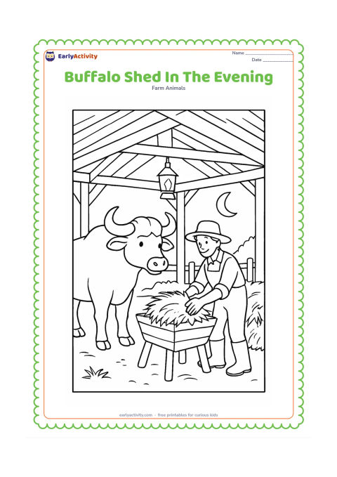 Colouring page: Draw a buffalo standing inside an open-sided farm shed at dusk, with a farmer placing hay in a manger. Show roof beams, a hanging lantern without any lettering, hay bundles, a fence and…