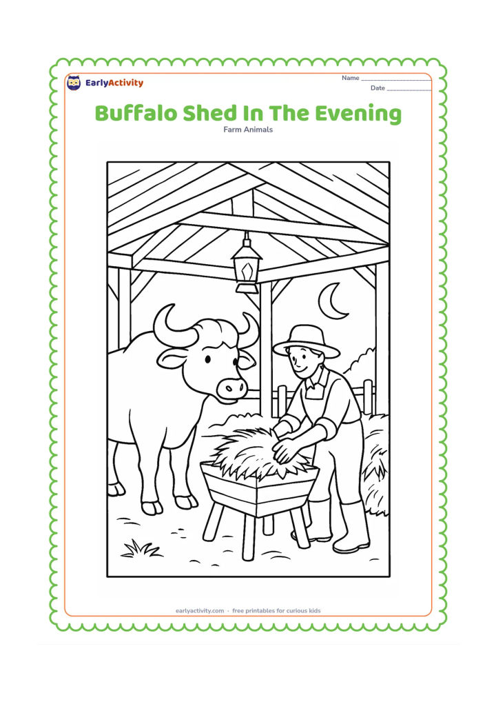 Colouring page: Draw a buffalo standing inside an open-sided farm shed at dusk, with a farmer placing hay in a manger. Show roof beams, a hanging lantern without any lettering, hay bundles, a fence and…
