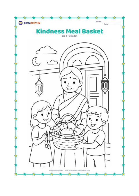 Colouring page: Draw two children and an adult preparing a food basket for a neighbour, including dates, fruit, bread, and a covered dish. Set it outside an Indian apartment doorway with lanterns and…