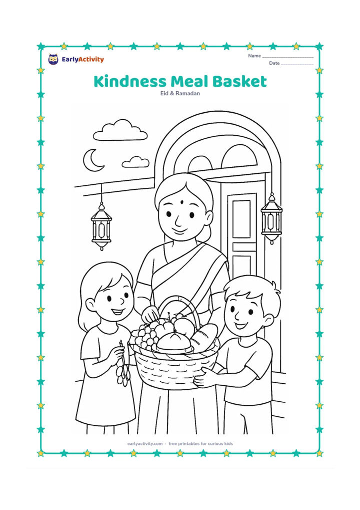 Colouring page: Draw two children and an adult preparing a food basket for a neighbour, including dates, fruit, bread, and a covered dish. Set it outside an Indian apartment doorway with lanterns and…