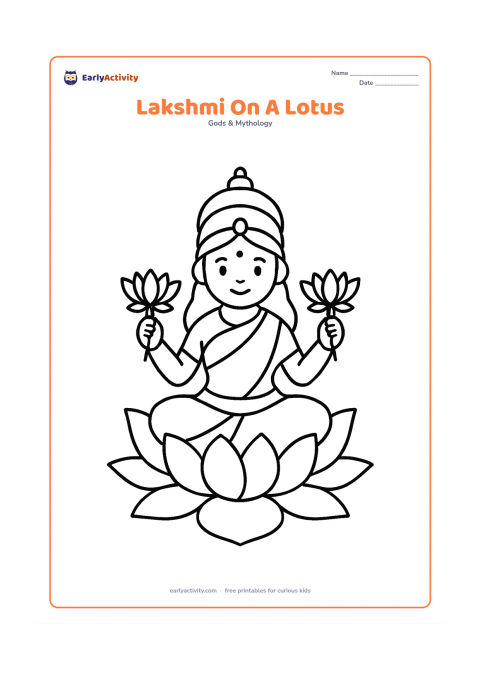 Colouring page: Draw Goddess Lakshmi seated calmly on one large open lotus flower, holding a lotus in each hand. Keep the composition centered with a few large lotus petals around her and plenty of open…