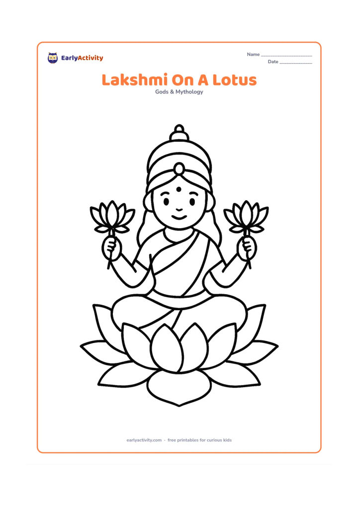 Colouring page: Draw Goddess Lakshmi seated calmly on one large open lotus flower, holding a lotus in each hand. Keep the composition centered with a few large lotus petals around her and plenty of open…