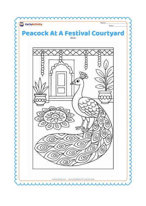 Colouring page: A peacock stands in an open Indian courtyard beside a large symmetrical rangoli, flower garlands, potted plants, and a low decorated doorway. The rangoli and train should use repeating…