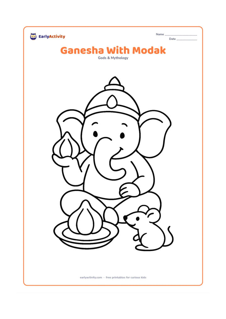 Colouring page: Lord Ganesha sits cross-legged and holds a large modak in his raised hand while his trunk curls toward a second modak on a plate. Include his crown, large ears and a smiling mouse near…