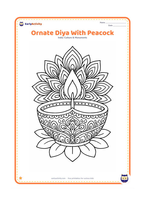 Colouring page: A large lit diya has layered scalloped edges and detailed repeated patterns, with a symmetrical peacock-feather-inspired motif behind the bowl and small petals around the base.